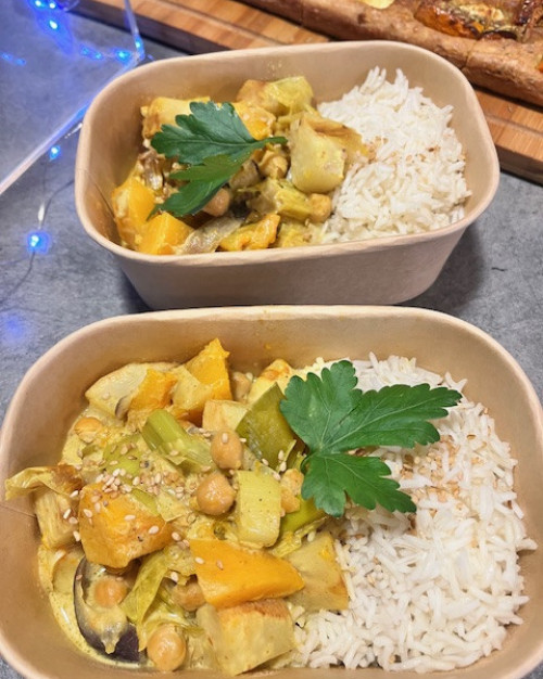 Curry coco et légumes, riz basmati